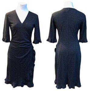 ❤️ 🆕 EXPRESS 1/2 Sleeve Black Blue Gray Striped Faux Wrap Stretch Dress